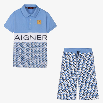 Shop Aigner Teen Boys Blue Monogram Shorts Set