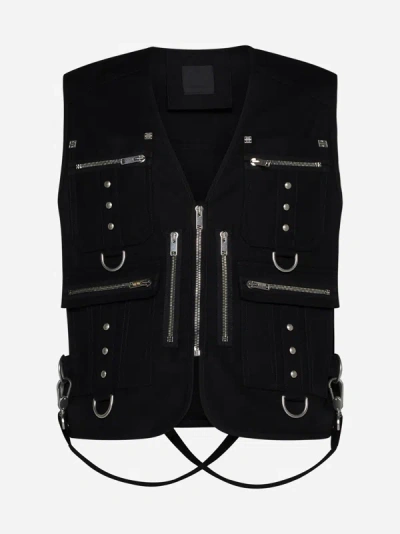 Shop Givenchy Multi-pockets &amp; Strap Wool Vest In Black