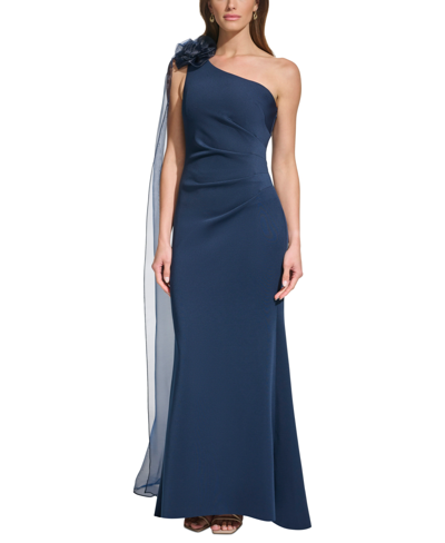 Shop Eliza J Women's Rosette-trim Draped One-shoulder Gown In Navy