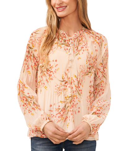 Shop Cece Women's Pleated Floral-print Long-sleeve Top In Peach Dust