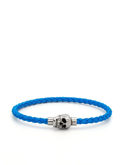 Shop Alexander Mcqueen Braided Leather Skull Bracelet In Blue