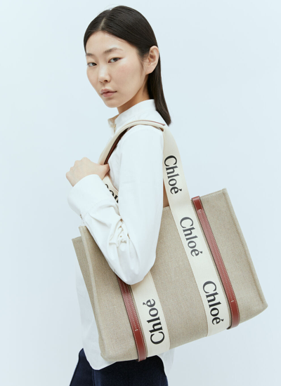 Shop Chloé Women Medium Woody Tote Bag In Cream