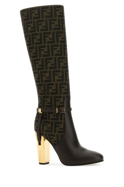 Shop Fendi Woman Embroidered Leather And Fabric Delfina Boots In Multicolor