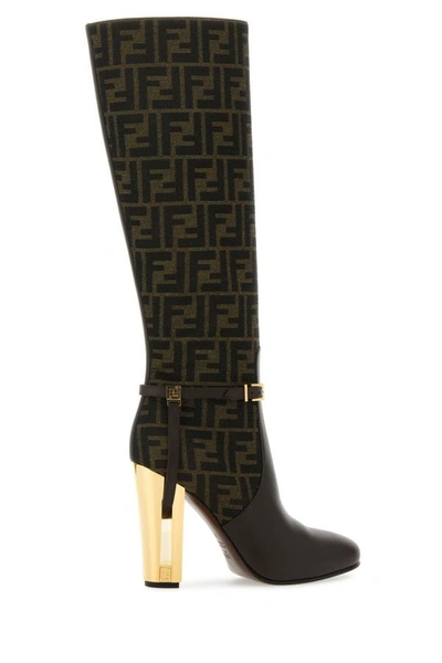 Shop Fendi Woman Embroidered Leather And Fabric Delfina Boots In Multicolor