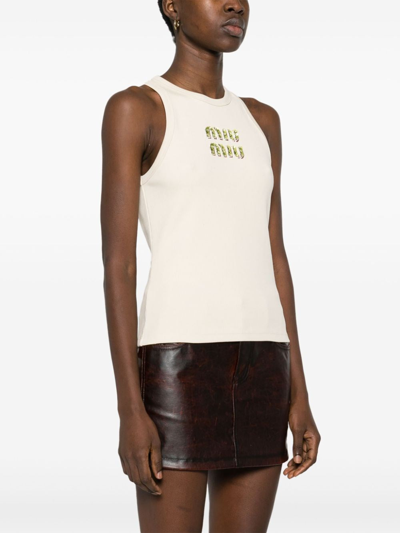 Shop Miu Miu Women Ribbed Top With Embroidered Logo In White