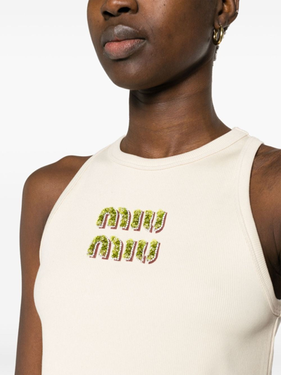 Shop Miu Miu Women Ribbed Top With Embroidered Logo In White