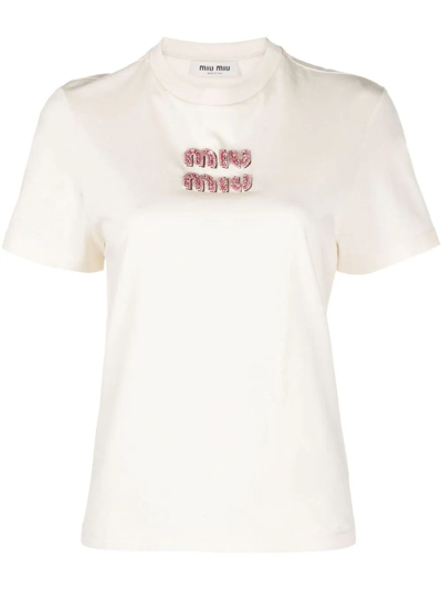 Shop Miu Miu Women T-shirt With Rhinestone Logo In White