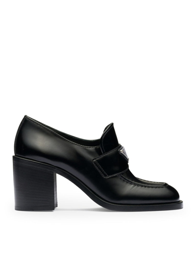 Shop Prada Women Heeled Loafers In Brushed Leather In Black