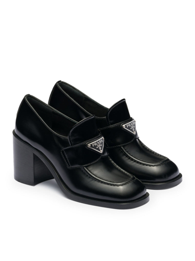 Shop Prada Women Heeled Loafers In Brushed Leather In Black