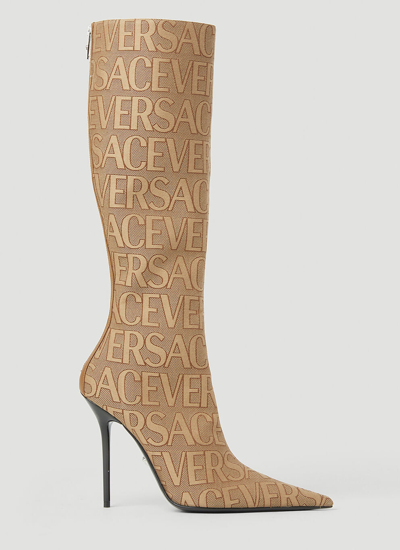 Shop Versace Women Logo Jacquard High Heeled Boots In Cream