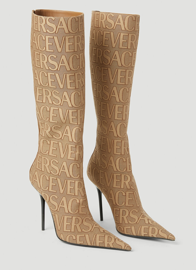 Shop Versace Women Logo Jacquard High Heeled Boots In Cream