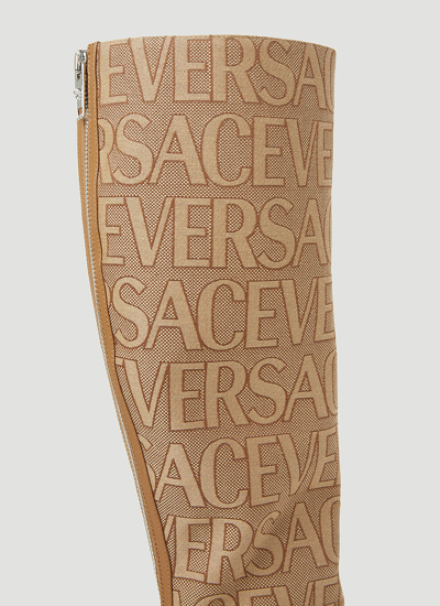Shop Versace Women Logo Jacquard High Heeled Boots In Cream