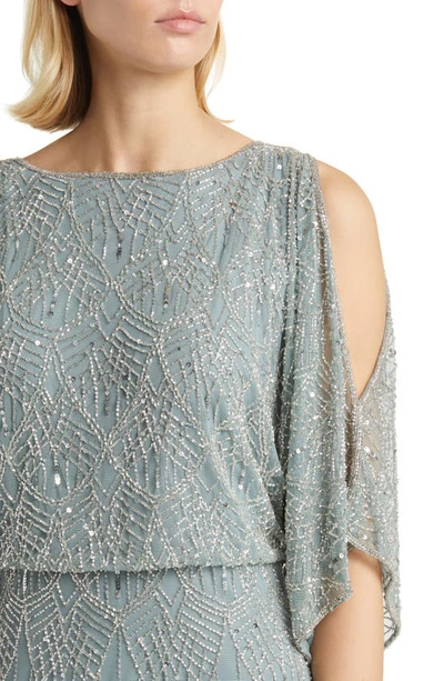 Shop Pisarro Nights Beaded Cold Shoulder Blouson Cocktail Dress In Teal