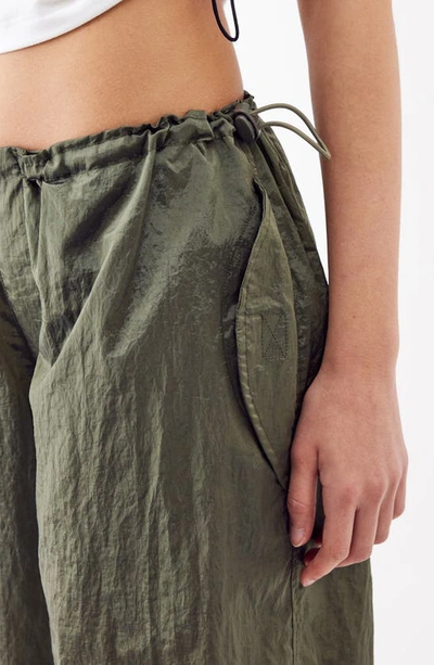 Iets Frans Shiny Baggy Parachute Pants In Dark Khaki