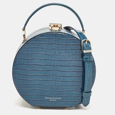 Pre-owned Aspinal Of London Teal Blue Croc Embossed Leather Hat Box Shoulder Bag