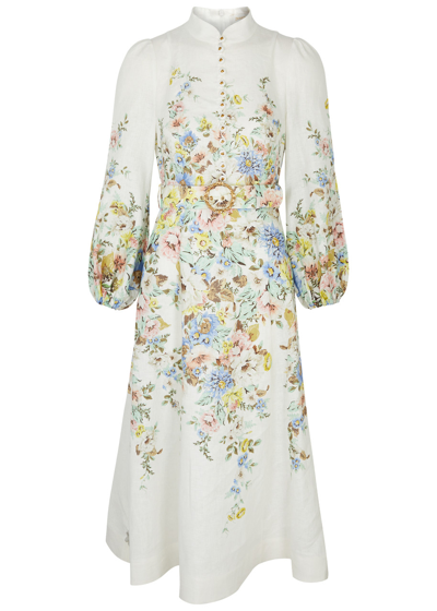 Shop Zimmermann Matchmaker Floral-print Linen Midi Dress In Cream