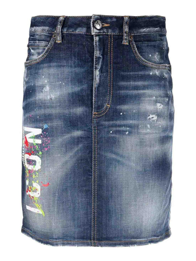 Shop Dsquared2 Icon-print Denim Skirt In Blue