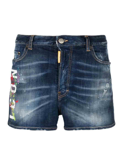 Shop Dsquared2 Icon Paint-splatter Denim Shorts In Dark Wash