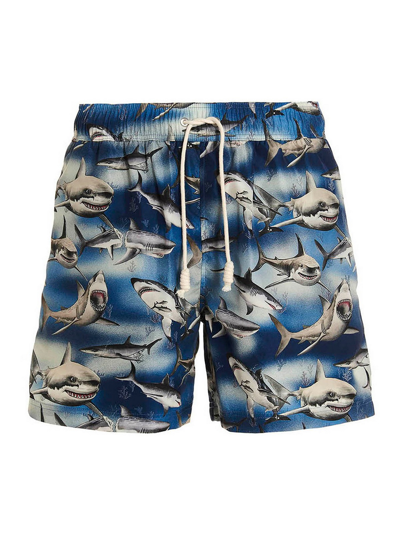 Palm Angels Man Printed Polyester Sharks Swimming Shorts In Blue
