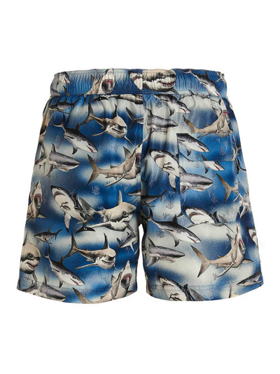 Palm Angels Man Printed Polyester Sharks Swimming Shorts In Blue