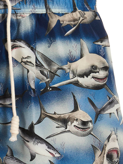 Palm Angels Man Printed Polyester Sharks Swimming Shorts In Blue