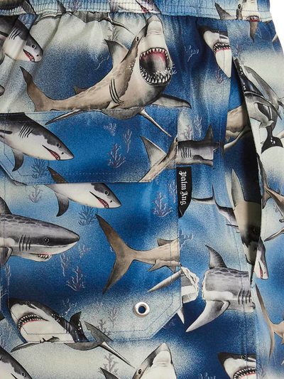 Palm Angels Man Printed Polyester Sharks Swimming Shorts In Blue