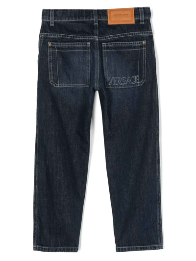 Shop Versace Kids Logo-straight-leg Jeans In Blue