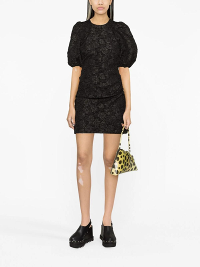 Shop Ganni Stretch Jacquard Puff Sleeves Mini Dress In Black
