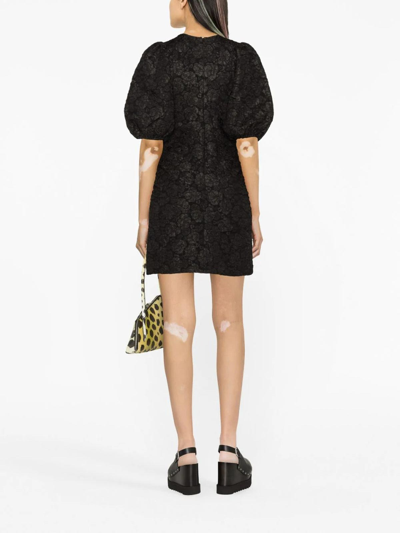 Shop Ganni Stretch Jacquard Puff Sleeves Mini Dress In Black