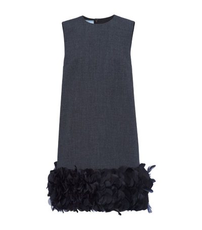 Shop Prada Wool Feather-trim Swing Dress In Grey