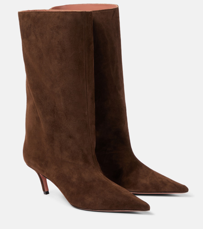 Shop Amina Muaddi Fiona 60 Suede Knee-high Boots In Brown