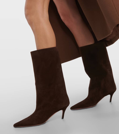 Shop Amina Muaddi Fiona 60 Suede Knee-high Boots In Brown