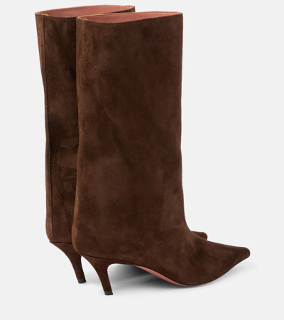 Shop Amina Muaddi Fiona 60 Suede Knee-high Boots In Brown