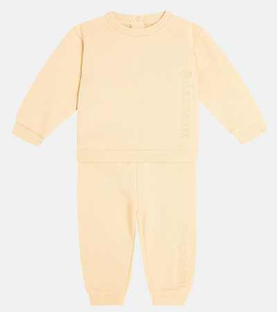 Shop Balmain Baby Cotton Sweatshirt And Sweatpants Set In Beige