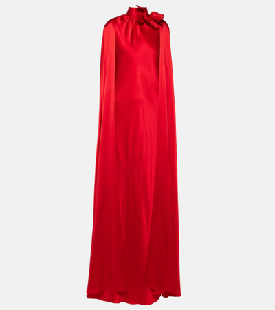 Shop Rodarte Floral-appliqué Caped Silk Gown In Red