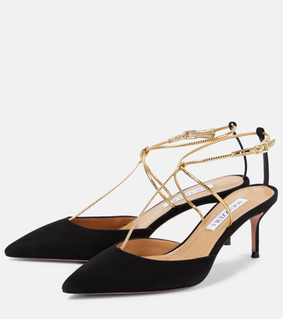 Aquazzura Romance 65 Bow-embellished Velvet And Mesh Pointed-toe Pumps In Burgundy