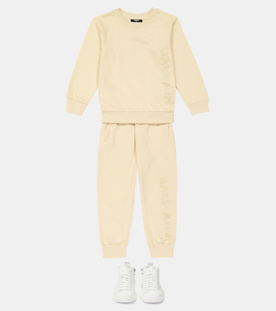 Shop Balmain Cotton Fleece Sweatshirt And Sweatpants Set In Neutrals