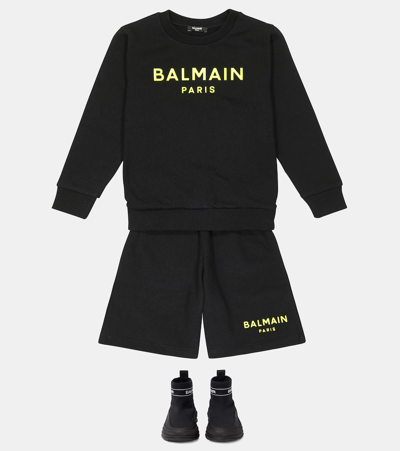 Balmain Cotton Fleece Sweatshirt And Shorts Set In White