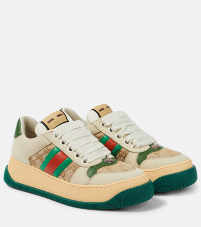 Gucci Screener Embellished Canvas-trimmed Distressed Leather Sneakers In Multicoloured