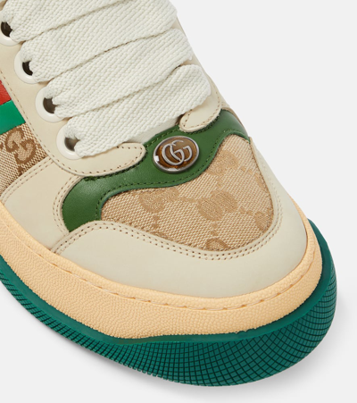 Gucci Screener Embellished Canvas-trimmed Distressed Leather Sneakers In Multicoloured