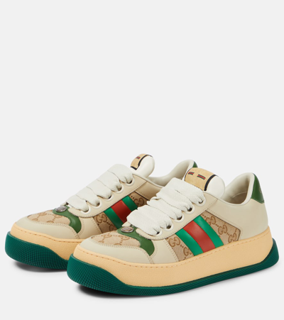 Gucci Screener Embellished Canvas-trimmed Distressed Leather Sneakers In Multicoloured