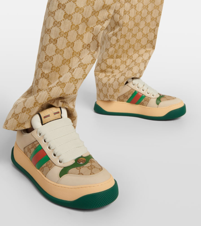 Gucci Screener Embellished Canvas-trimmed Distressed Leather Sneakers In Multicoloured