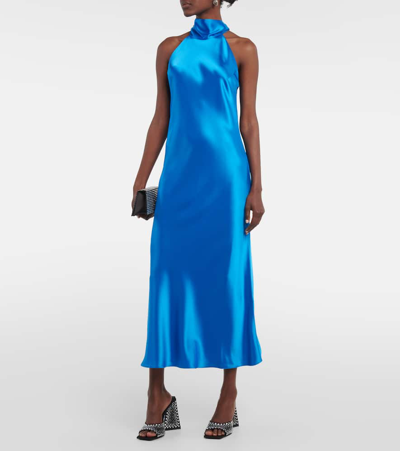 Shop Galvan Siena Halterneck Midi Dress In Blue