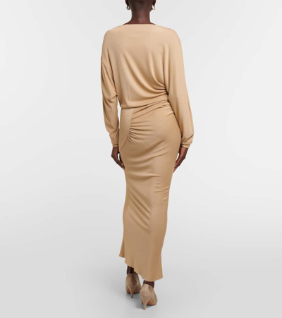 Shop Khaite Oron Ruched Jersey Midi Dress In Beige