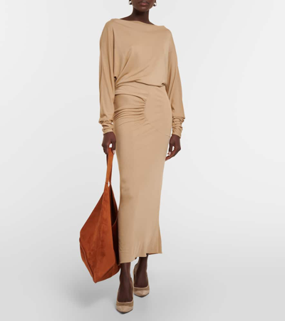 Shop Khaite Oron Ruched Jersey Midi Dress In Beige