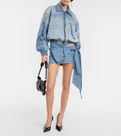 Shop Blumarine Bow-detail Denim Miniskirt In Blue