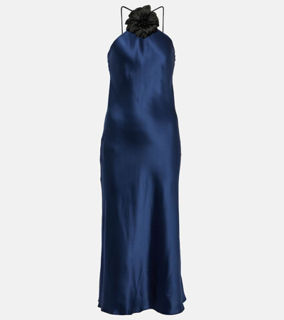 Shop Rodarte Floral-appliqué Silk Midi Dress In Blue