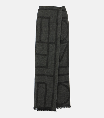 Shop Totême Logo Embroidered Wool Maxi Skirt In Grey