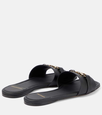 Ferragamo Leather Slides With Flat Sole And Gold-tone Hardware In Black