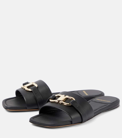 Ferragamo Leather Slides With Flat Sole And Gold-tone Hardware In Black